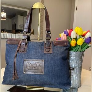 Dolce & Gabbana denim and brown leather tote